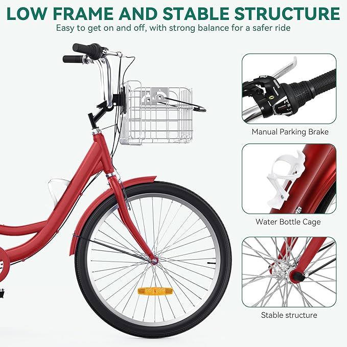 YITAHOME 24 & 26 Inch Adult Tricycle, 1 & 7 Speed 3 Wheel Bikes, Large Seat with Backrest Trike for Adults with Front & Rear Baskets, Cruiser Bike for Seniors Women Men Commute Picnic Outdoor