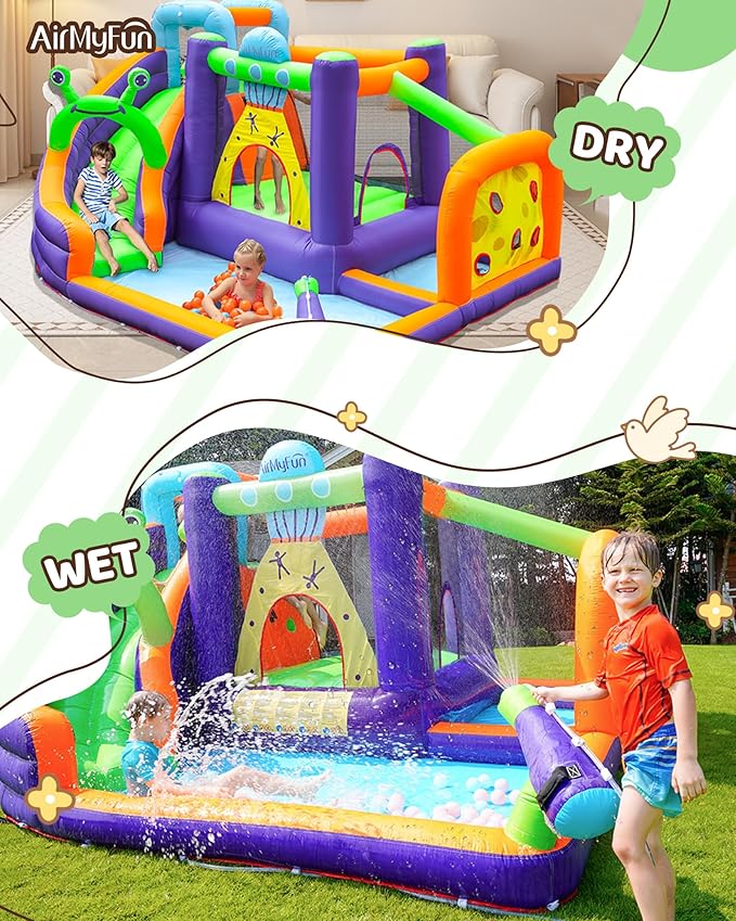 AirMyFun Water Bounce House Inflatable Water Slide Park for Kids Aged 3-10 with Long Slide, Water Gun and Ball Pool Play House for Outdoor Backyard