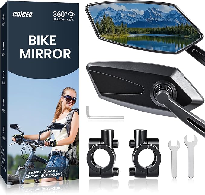 2pcs Bike Mirror Handlebar Mount 360° Adjustable Blue, Wide Rear View Mirror Bicycle Mirrors for Handlebars with Scratch Resistant Glass, Bike Rear View Mirror for Scooter, Motorcycle, Bike Accessory