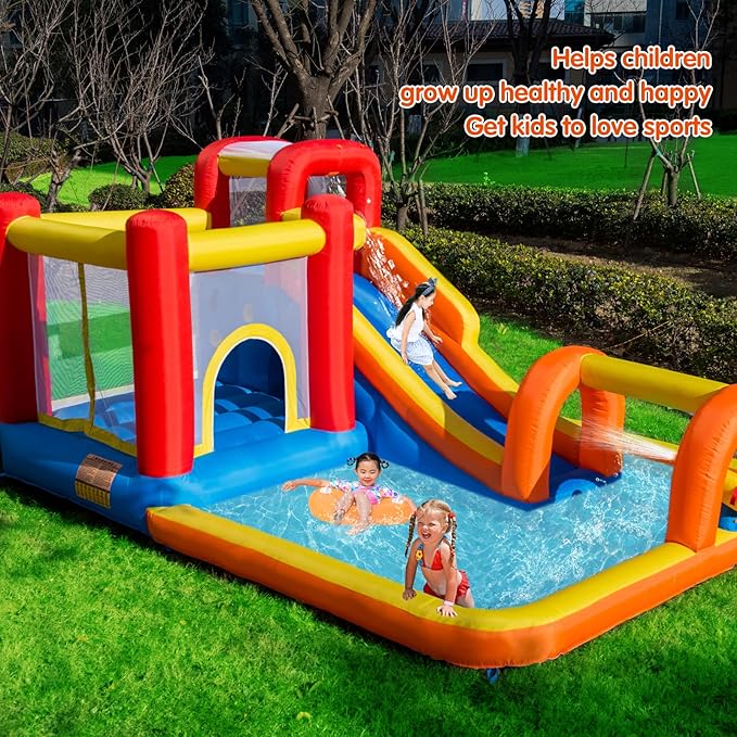 Baralir Inflatable Bounce House Water Park with Long Water Slide & Large Splash Pool Fits 5 Kids, Endless Fun of Jumping, Sliding, Climbing - Extra Cave and Tunnel Adventure and Water Cannon