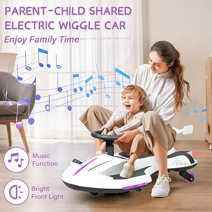 12V Electric Wiggle Car with Pedal for Kids, Rechargeable 2 in 1 Swing Car, Drifting Ride On Toys with Backrest, Anti-Rollover, Spray, Flashing Light, Music, for Ages 3 and Up, 150 Lbs (White)
