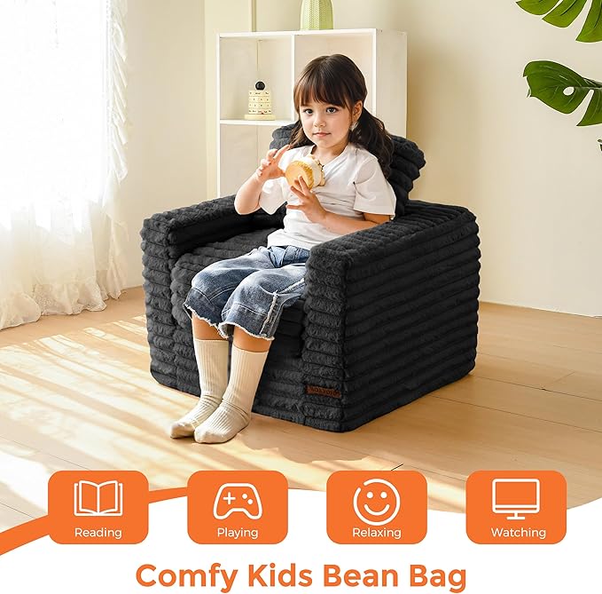MAXYOYO Kids Bean Bag Chair, Comfy Faux Fur Bean Bag Sofa with Filler, Upholstered Floor Sofa with Pillows and Armrests, Lazy Floor Chair Couch for Boys and Girls, Black