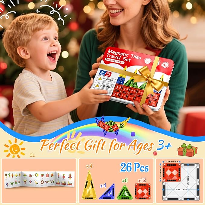 Mini Magnetic Tiles for Kids Ages 3-8, Travel Magnetic Building Blocks with Metal Storage Box, STEM Educational Toys, Montessori Sensory Learning Toys for Toddlers, Boys & Girls Gift for Christmas