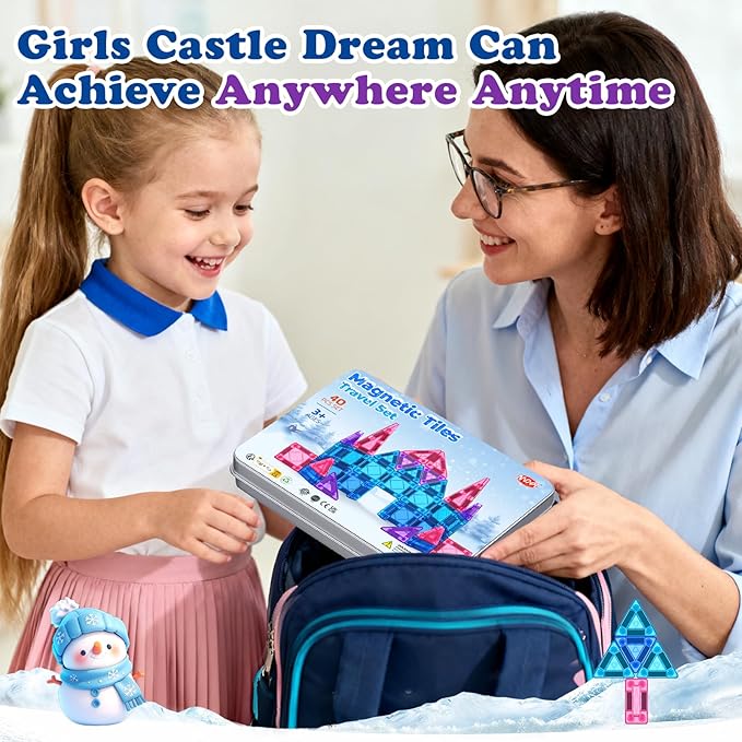 Mini Magnetic Tiles Travel Set 40PCS with Iron Box Princess Castle Pretend Girl Play Toys Age 3 4-5 6-8, Educational Portable Magnet Building Tiles Christmas Birthday Gifts for Toddlers Boys & Girls