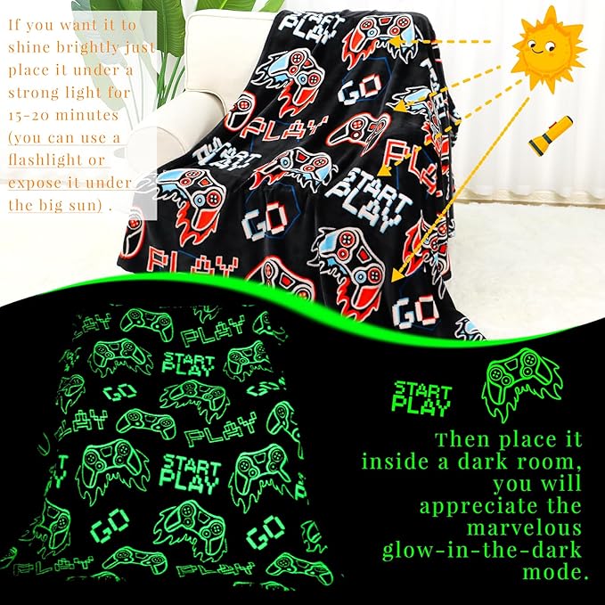 Glow in The Dark Gaming Blanket - Gamer Gifts for Boys & Teenagers, Game Controller Throw Blanket for Christmas & Birthday