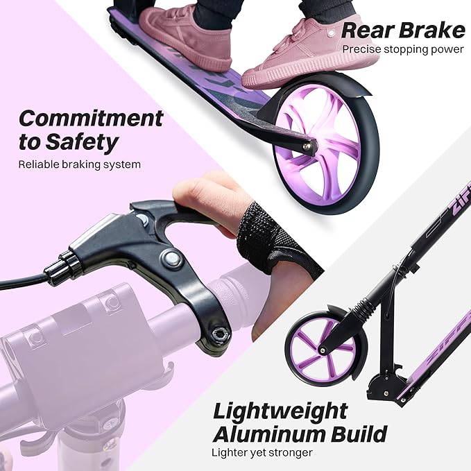 ZIFFY Scooter for Kids with Hand Brake, Foldable Kick Scooter for Ages 6-12, Lightweight Scooter for Boys with 4 Adjustable Heights, ABEC9 Bearings, Supports Up to 260 lbs by Jova