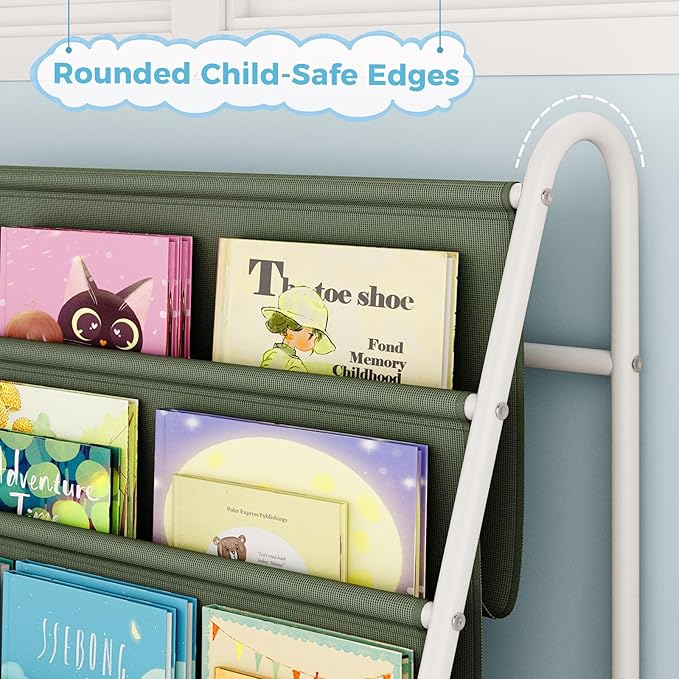 Tatub 4 Tier Kids Bookshelf for Kids Rooms, Metal Children Book Rack Montessori Bookshelf, Toddler Sling Bookrack Display for Nursery, Green