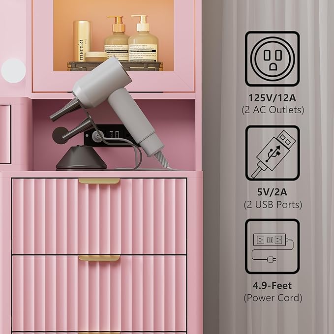 Makeup Vanity Desk with Mirror and Lights, 45" Fluted Wood Vanity Desk with Glass Top, 5 Drawers & RGB Glass Cabinet, Power Outlet, Mid Century Modern Dressing Table Set for Women Girls Bedroom