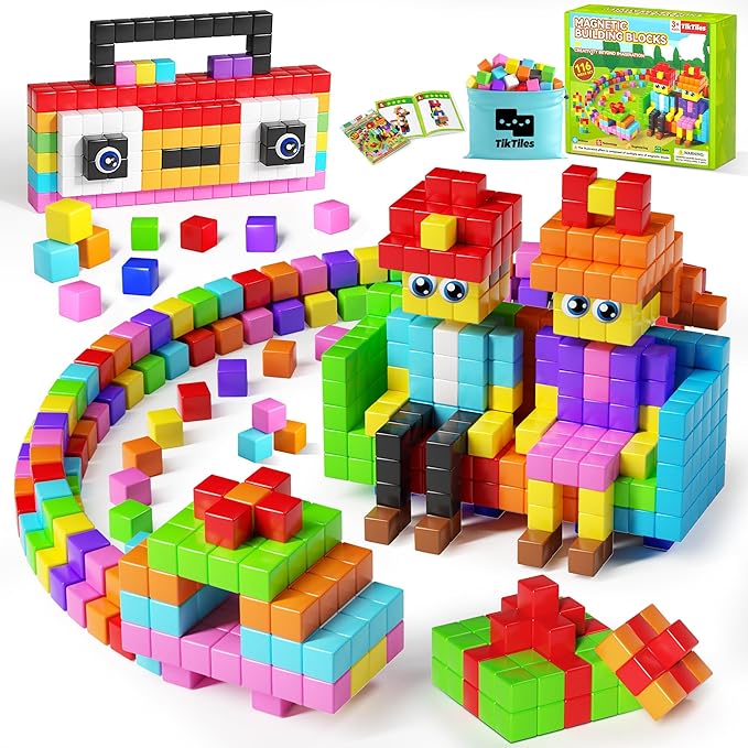 116PCS Magnetic Blocks with Magnet Eyes Toy, Magnetic Building Blocks with Storage Bag for Kids Gifts, STEM Preschool Sensory Magnetic Cubes for Toodlers Boys Girls Ages 3 4 5 6 7 8, Bright Color