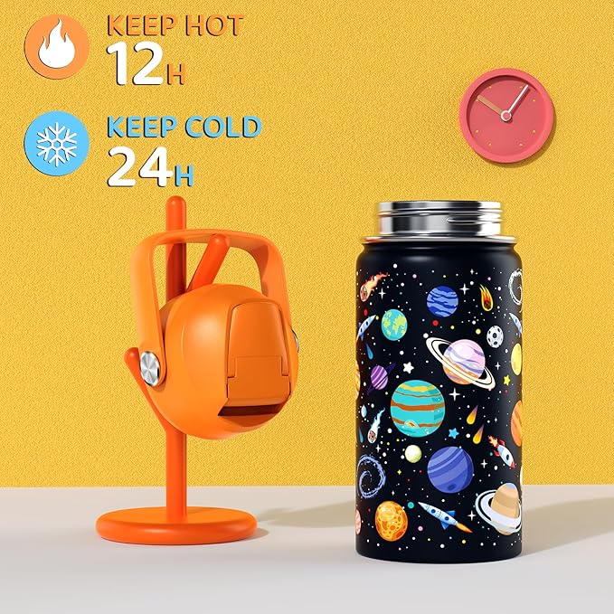 14oz Kids Insulated Water Bottle with Straw Lid - 18/8 Stainless Steel Kid Cup Travel Tumbler Double Wall Vacuum Leak Proof Portable Toddler Water Bottle (Space)