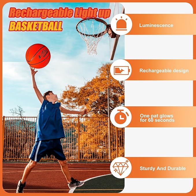 Glow in The Dark Basketball - Water-Resistant, Size 7, Impact Activated, Includes Pump, Manual, Pre-Installed Batteries & 10 Extra Batteries - Light Up Basketball - Orange