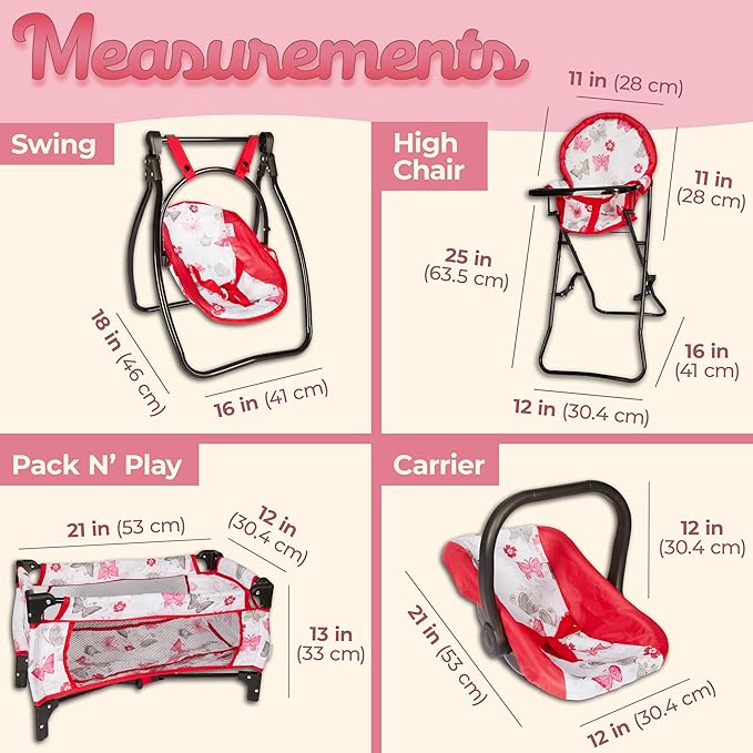 Litti Pritti 18-Inch Baby Doll Nursery Playset - Baby Doll Accessories Set with Swing, Crib, High Chair, and Carrier - Baby Doll Furniture for Girls - Suitable for 18-Inch Dolls and Kids Ages 3 and Up