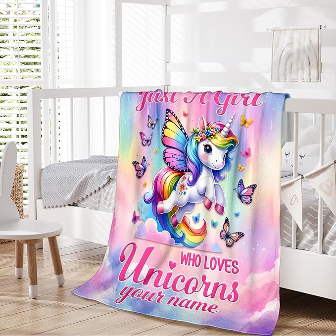Personalized Unicorn Blanket for Girls Daughter, Cute Pink Unicorn Throw Blankets with Custom Name for Toddlers Kids 40"x50" Comfy Lightweight Flannel Throw for Sofa Couch Bed