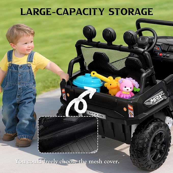 24V 2 Seater Ride on UTV Car, 4WD Ride on Toys for Kids with Remote Control, Shock Absorbers, LED Lights, Music, Off-Road Electric Car for Kids Boys Girls (Black)