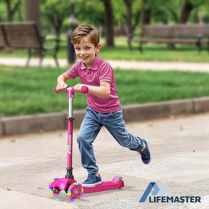 Lifemaster Mini 3-Wheel Kids Scooter with Multi-Color Wheel Lights – 4-Height Adjustable Handlebar, Wide Anti-Slip Deck, Child Safety Certified, Boys & Girls Ages 2+ Supports Up to 110 lbs