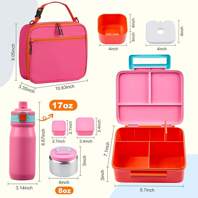 MAISON HUIS Bento Box for Kids with 8oz Soup Thermo, Leak-proof Lunch Food Containers with 5 Compartment, Insulated Lunch Bag & 17oz Stainless Steel Water Bottle for School, Trvael
