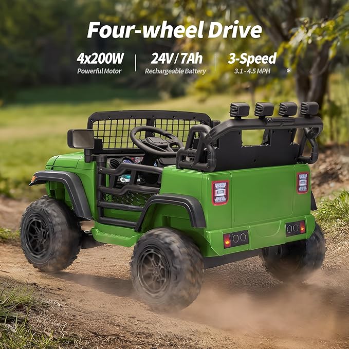 2 Seater Ride on Car Toy, 24V 4WD Electric Car for Kids 4-8 with Remote Control, 4x200W Motors, Capacity 110 lb - Army Green