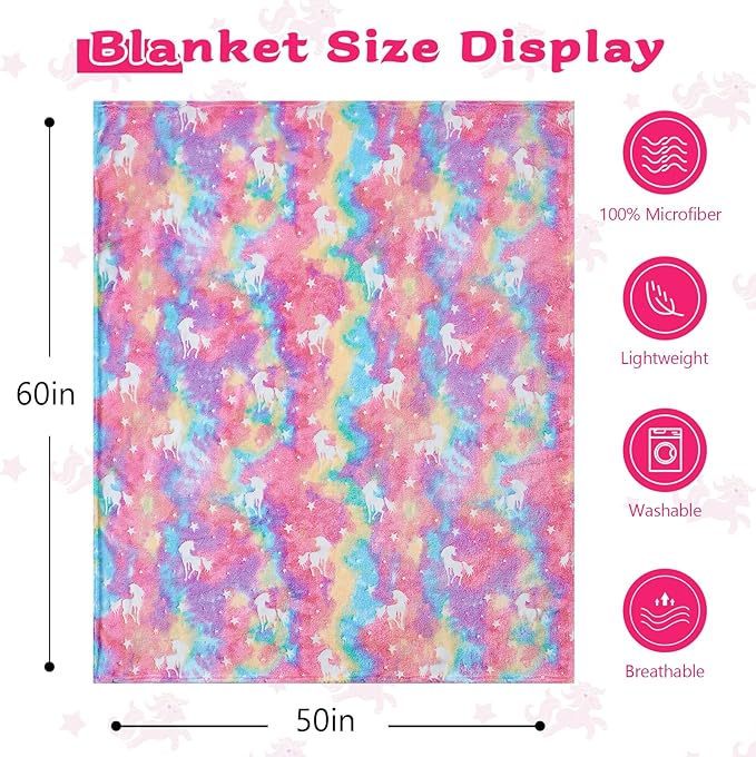QSTEHEML Unicorn Glow in The Dark Blanket,Unicorn Gifts Toys for Kids Girl Age 3-12 Years Old,Birthday Gifts for Toddler, Teen,Christmas Birthday Bedroom Decor 50"×60"