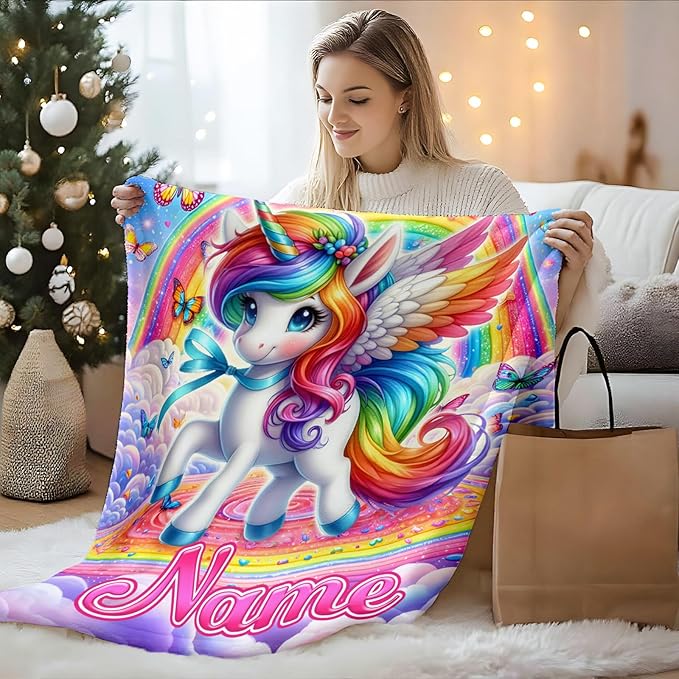 Unicorn Gifts for Girls Women Adults, Personalized Kids Blankets for Birthday Christmas Decor, 80x60 Inches Plush Lightweight Rainbow Unicorn Throws for Bedding Home Room