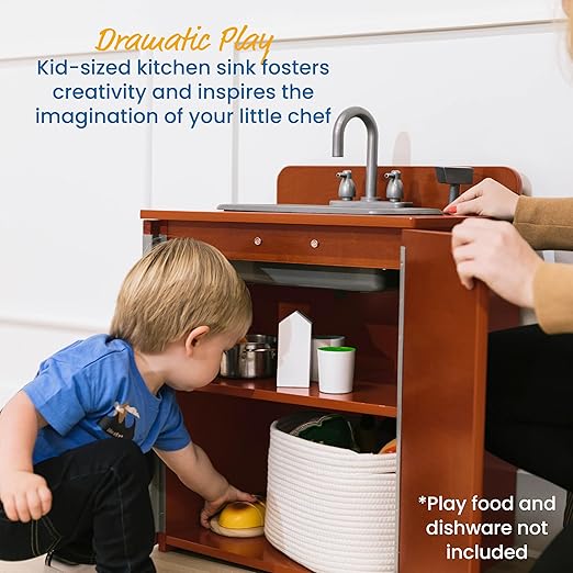 ECR4Kids Play Kitchen Sink, Wooden Playset, Dark Walnut