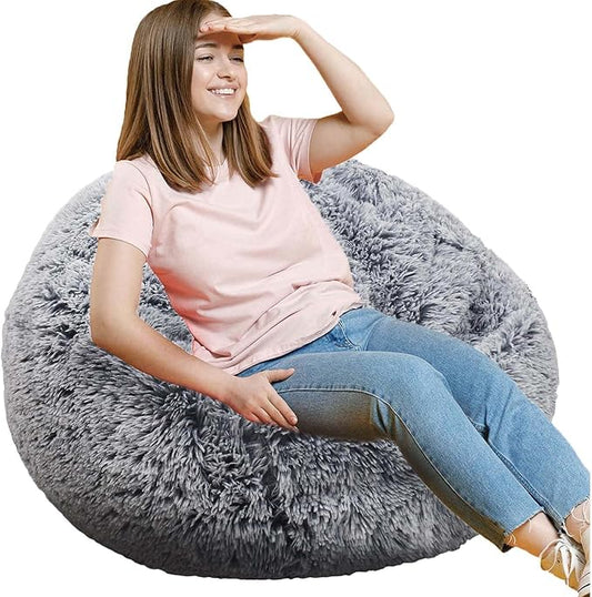 Fluffy Bean Bag Chair, 3FT Round Memory Foam Filled Bean Bag for Teens & Kids, Ultra Soft Faux Fur Fabric Bean Bag Chairs for Playroom, Living Room, Bedroom, Gray