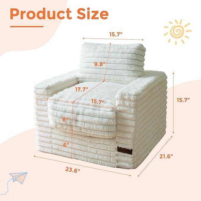 MAXYOYO Kids Bean Bag Chair, Comfy Faux Fur Bean Bag Sofa with Filler, Upholstered Floor Sofa with Pillows and Armrests, Lazy Floor Chair Couch for Boys and Girls, Beige