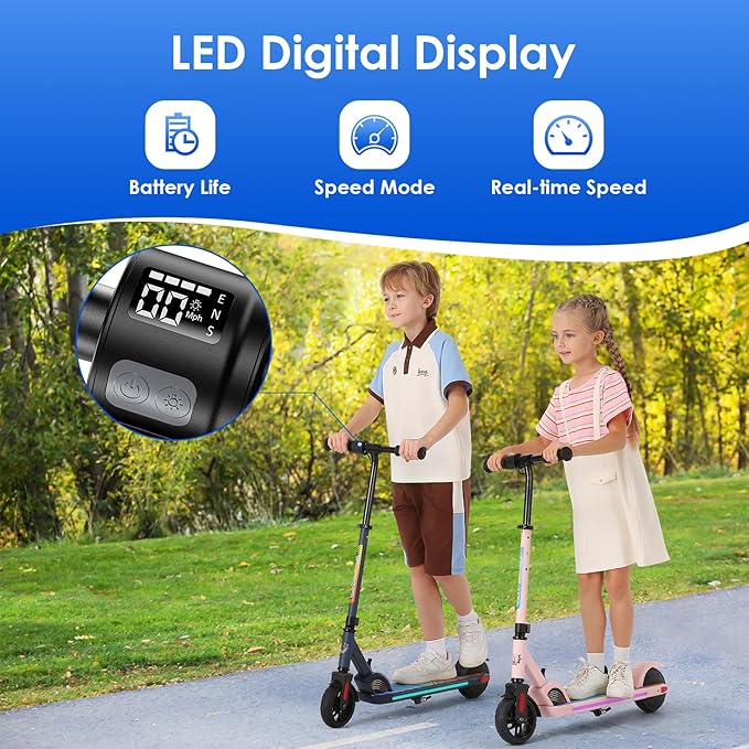 Caroma Electric Scooter for Kids Ages 6-14, 180W/150W Motor & 10 Mph, 85 Mins Ride Time, Adjustable Height & Speed, LED Display & Colorful Lights, Kids Electric Scooter, Best Gifts for Girls and Boy