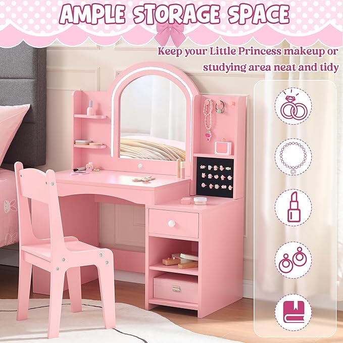 Kids Vanity Set with Lights, 2 in 1 Princess Makeup Vanity Desk with Jewelry Storage, Open Bookshelf, Storage Cabinet & Shelves for Little Girls (Pink)
