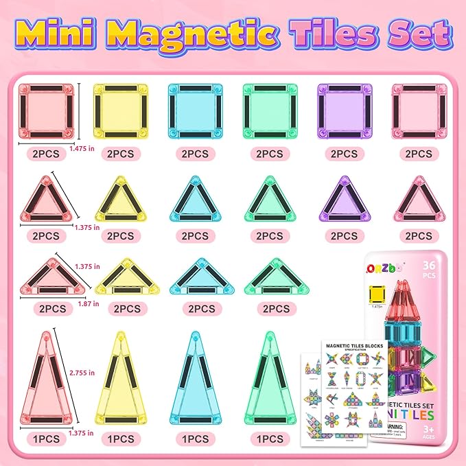 Mini Magnetic Tiles Toddler Travel Essentials Set with Case, Magnetic Blocks Building Montessori Educational Learning Sensory Preschool Toys for 3+ Year Old Boys Girls Birthday Gifts