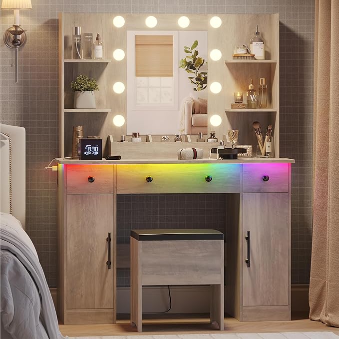 Makeup Vanity Desk with Mirror and Lights, 43" Grey Vanity Set with Chair, 3 Drawers, Power Outlet & Adjustable RGB LED Lights, Dressing Table with Storage Shelf for Women & Girls Bedroom