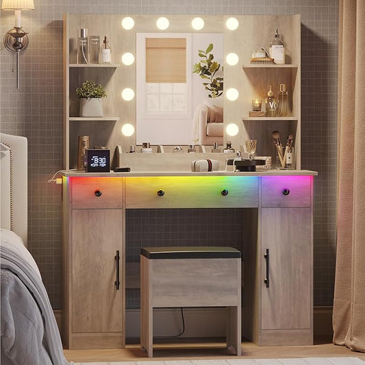 Makeup Vanity Desk with Mirror and Lights, 43" Grey Vanity Set with Chair, 3 Drawers, Power Outlet & Adjustable RGB LED Lights, Dressing Table with Storage Shelf for Women & Girls Bedroom