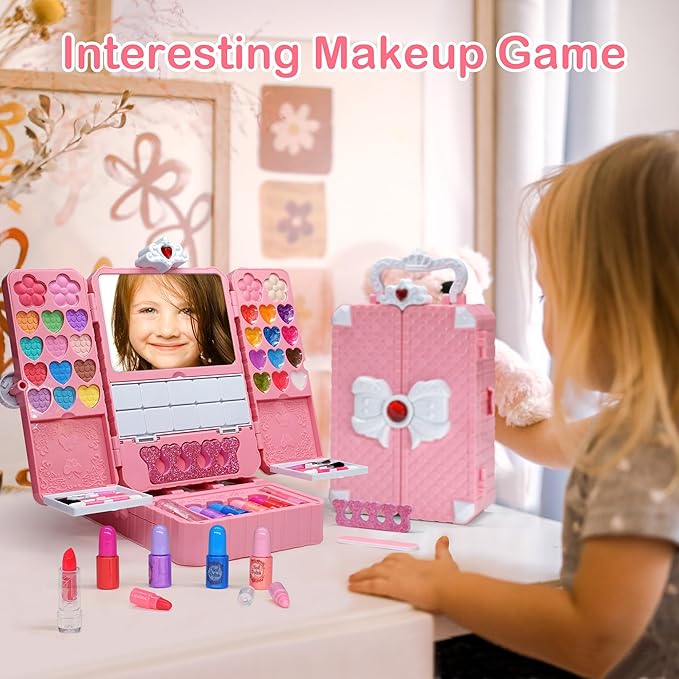 Kids Makeup Sets for Girls Toys - 74PCS Washable Makeup for Kids with Mirror, Real Dressing Table with Stand, Princess Play Makeup Kit Perfect for 3 4 5 6 7 8-12 Year Old Girls Birthday & Christmas