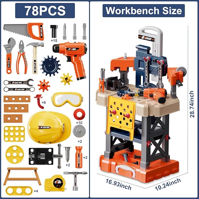 Kids Tool Bench - Kids Tool Set with Electric Toy Drill and Realistic Tools,78 Piece Toddler Tool Set Pretend Play for Toddlers 3-5,Boy Toys Age 5-6 Years Old