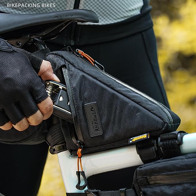 Rhinowalk Bike Frame Triangle Bag, Waterproof Compact Storage Bag with YKK Zippers, Multi-Pocket Design, Doesn’t Rub Legs – 0.9L, Black