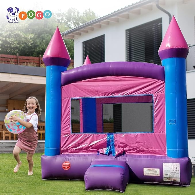 Pogo Bounce House Crossover Inflatable Bounce House Duo, Pink and Rainbow, 13 x 12 x 12 Foot, Outdoor Playhouse for Kids Outdoor Commerical Bouncer Castles, Blower, Stakes, & Storage Bag, 2 Bouncers