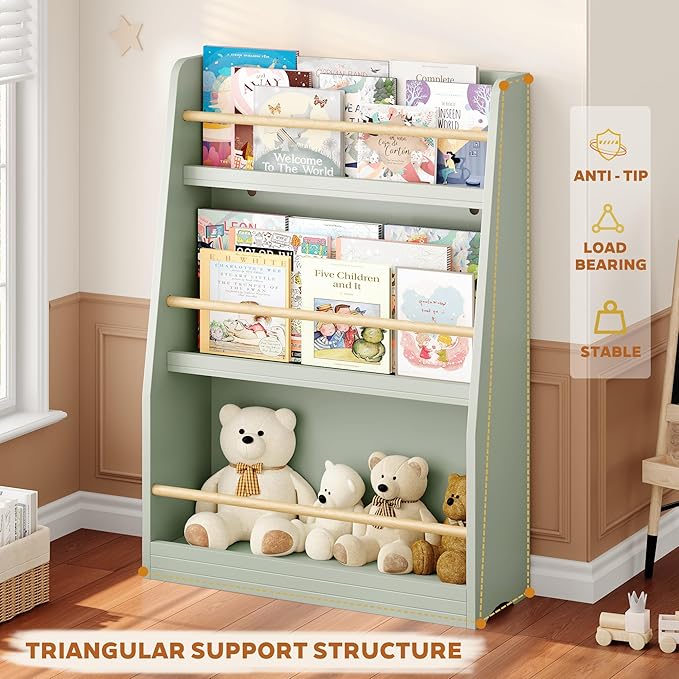Kids Bookshelf, 3-Tier Montessori Book Shelf Organizer for Books and Toys, Toddler Bookshelf for Bedroom, Living Room, Playroom, Classroom, Nursery - Green