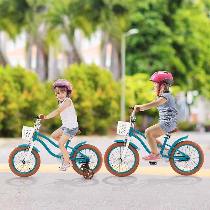 COSTWAY Kids Bike, 12 14 16 18 Inch Toddler Bike Children Bicycle w/Training Wheels, Hand & Coaster Brakes, Adjustable Saddle & Handlebar, Basket, Bell, Kids Bicycle for Girls Boys Aged 3-8 Years Old