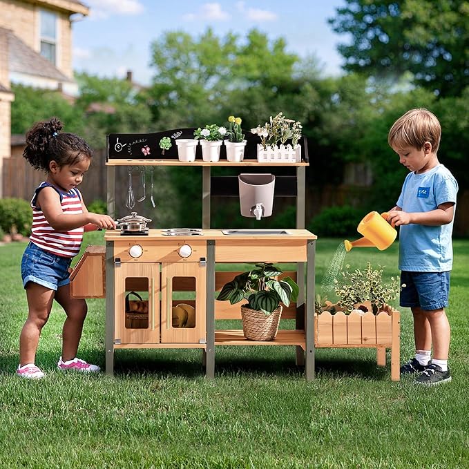 ROBOTIME Mud Kitchen for Kids Outdoor, Wood Outdoor Kitchen with Insect Observation Box & Planter Box, Toddler Play Kitchen with Removable Sink & Faucet, Pretend Outdoor Playset for Garden Fun