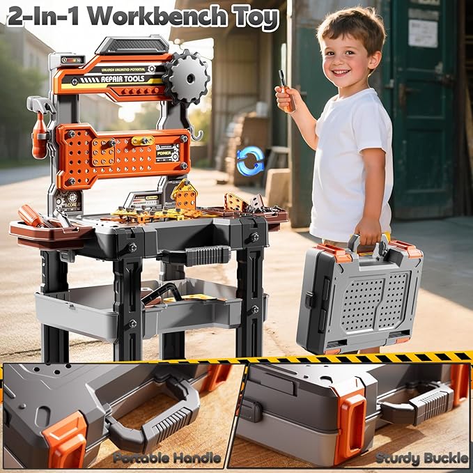 2 in 1 Workbench Tools Toys Set with Sound for Toddlers Aged 3-5, 145 PCS Educational Construction Mechanic Toolbox for Boys Girls, Pretend Play Toys Birthday Gift for Kids 3 4 5 6 Years Old