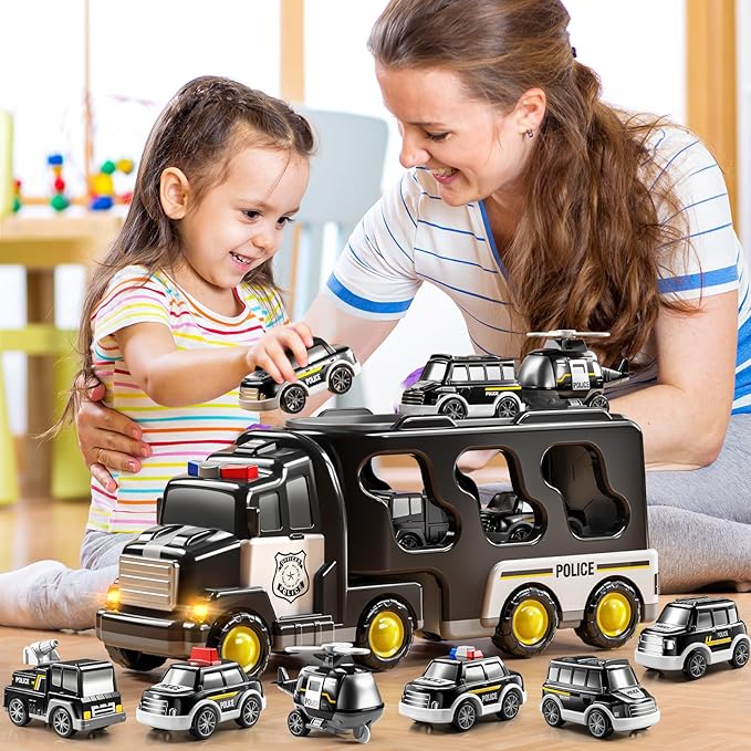 Police Truck Toy for 3-9 Years Old Boys & Girls - 7 in 1 Black Carrier Vehicle Set with 5 Toy Cars & 1 Helicopter, Friction Powered Car for Kids Age 1-3, Birthday Gifts for Toddlers 3-5