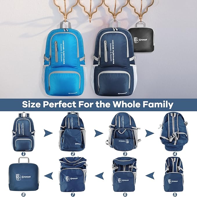 ZOMAKE Lightweight Packable Backpack, 35L Light Foldable Hiking Backpacks Water Resistant Collapsible Daypack for Travel(Navy Blue)