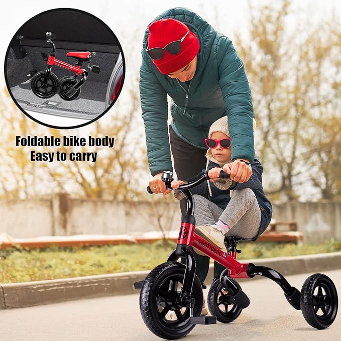 YGJT 3 in 1 Tricycle for Toddlers Age 2-5 Years Old, Folding Kids Balance Bike with Adjustable Seat and Removable Pedal, Toddler Bike Ride-on Toys for Infant, Gifts for Baby Boys Girls Birthday(Red)