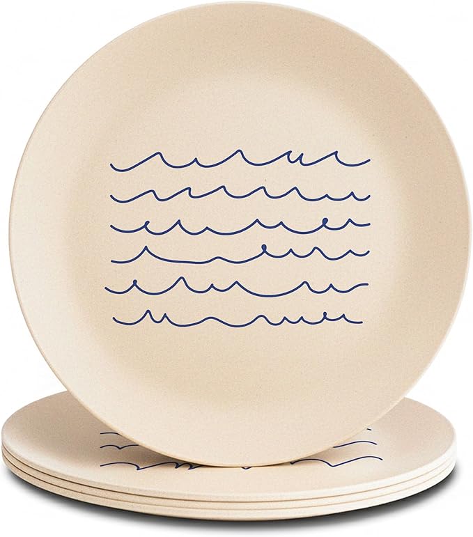 Nook Theory 4 Pack Reusable Bamboo Plates - Non-Toxic Plate, Dishwasher Safe, Not Microwavable Dinnerware (Waves 8")