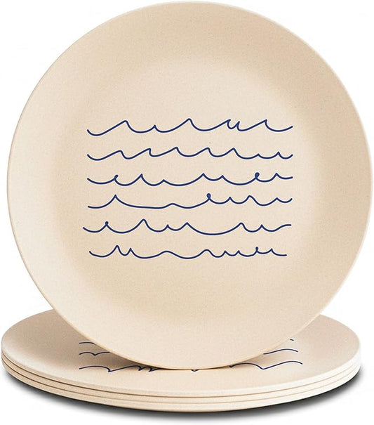 Nook Theory 4 Pack Reusable Bamboo Plates - Non-Toxic Plate, Dishwasher Safe, Not Microwavable Dinnerware (Waves 8")