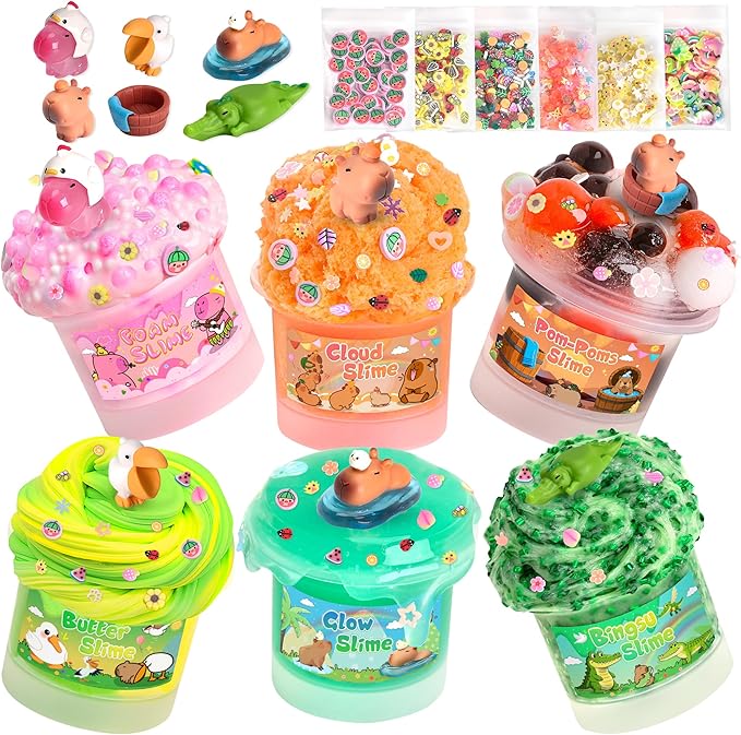 Capybara Slime Kit, 20oz Total, Slime Sensory Stress Relief Kit Includes 6 Different Texture Slimes, Glow in The Dark Slime with Cute Add-ins, ASMR, Perfect Slime Kit for Girls Ages 8-12