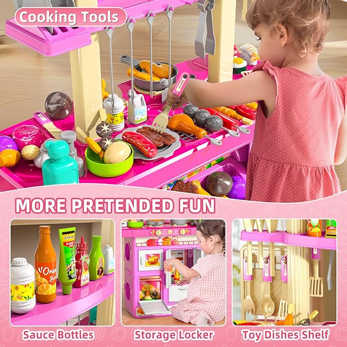 Pretend Play Kitchen Toys for Kid Ages 2-6 4-8, 2 Sided Kitchen Toys with Light, Sound and Spraying, Sink Toy Accessories, Cooking Stoves, Food Toys for Toddlers 1-3 3-5 Boys Girls 6-12 (Pink)