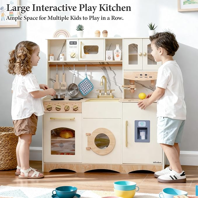 Wooden Play Kitchen for Kids and Toddlers with Realistic ICE Maker & Sounds,Toy Kitchen Set with 20 Accessories, Interactive Learning Toy for Pretend Play, Gift for Girls & Boys(Ages 3+)