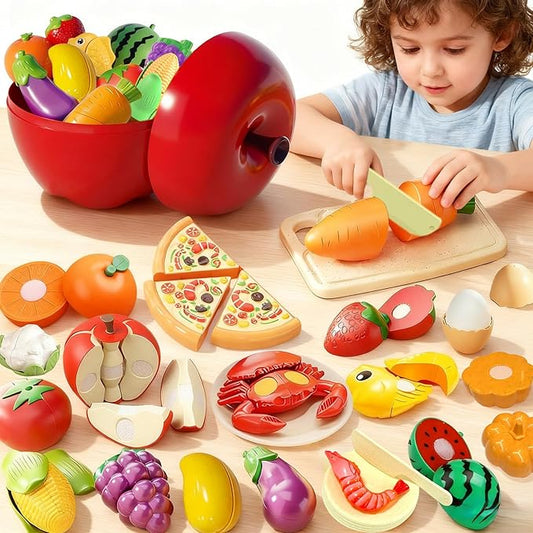 Pretend Play Food Sets for Kids Kitchen, Cutting Toy Food with Apple Basket, Play Kitchen Accessories for Toddlers, Fake Food with Pizza Veggies Fruits, Toys for Boys Girls
