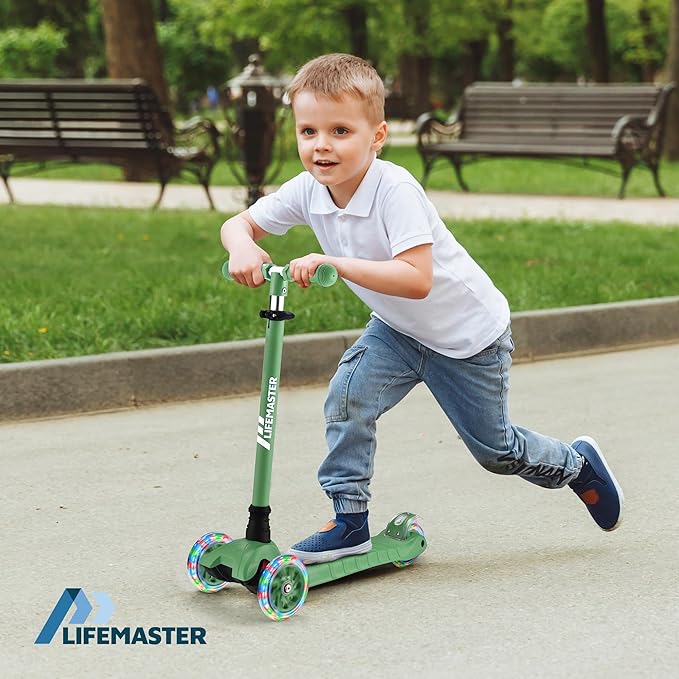 Lifemaster Mini 3-Wheel Kids Scooter with Multi-Color Wheel Lights – 4-Height Adjustable Handlebar, Wide Anti-Slip Deck, Child Safety Certified, Boys & Girls Ages 2+ Supports Up to 110 lbs