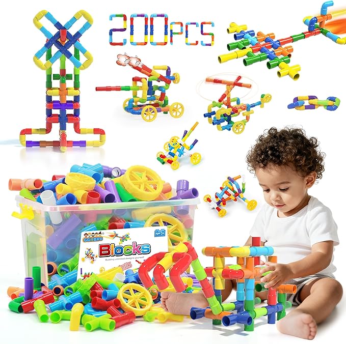 Ggiibro STEM Building Toy for Toddlers 200Pieces Tube Pipe Toy,Educational Preschool Game for 3+ Years,Learning Building Blocks Play with Storage Box Gift Kit,Montessori Toys for Boys & Girls